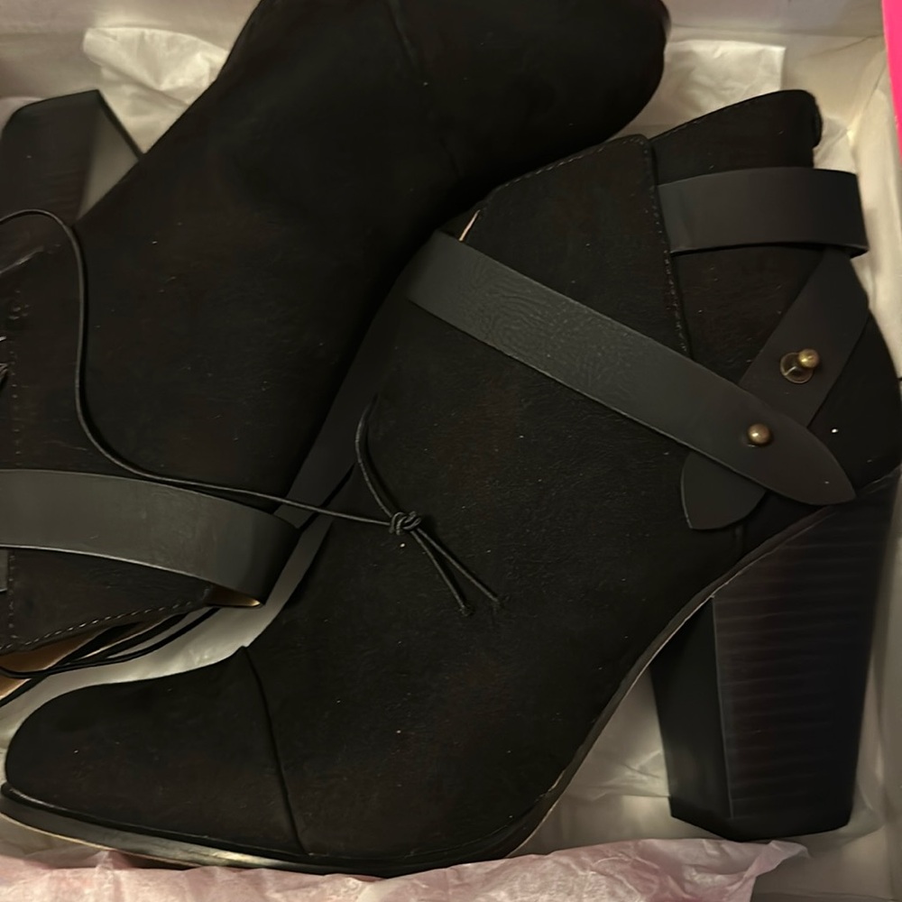Black heeled booties, new in box